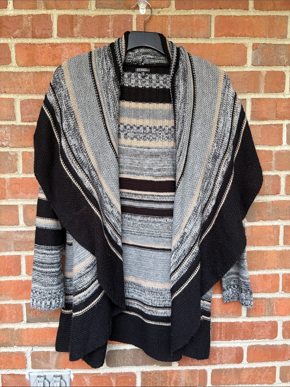 EUC Sz XL Hannah Black, Gray & Cream Striped Shawl Cardigan